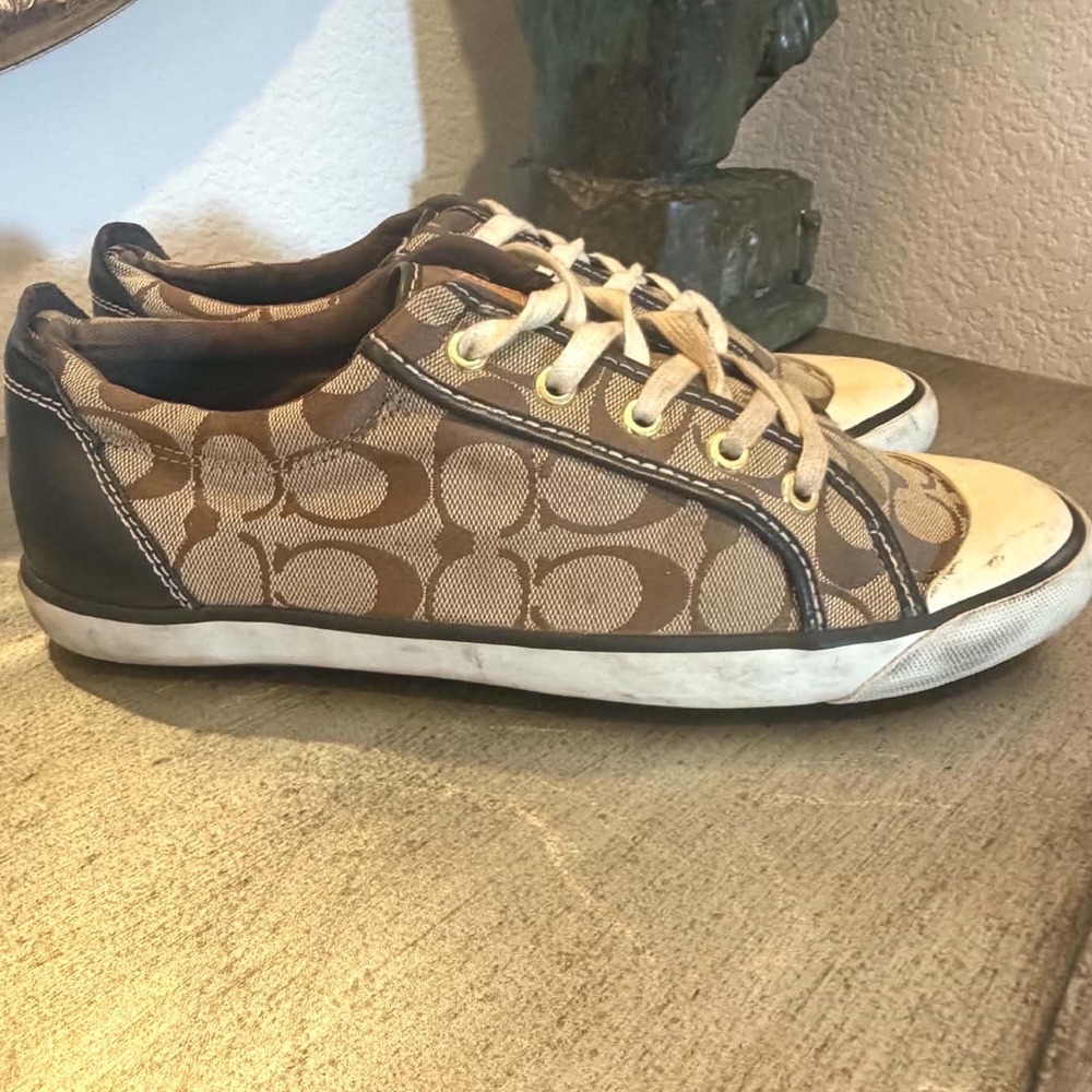 Coach Barrett Signature Monogram Canvas Sneakers Brown Leather Q322 Size 11B